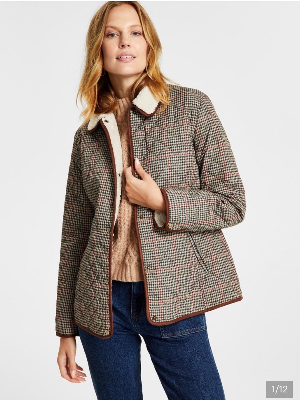 LAUREN RALPH LAUREN Houndstooth Quilted Faux Shearling Collar Preppy Barn Jacket